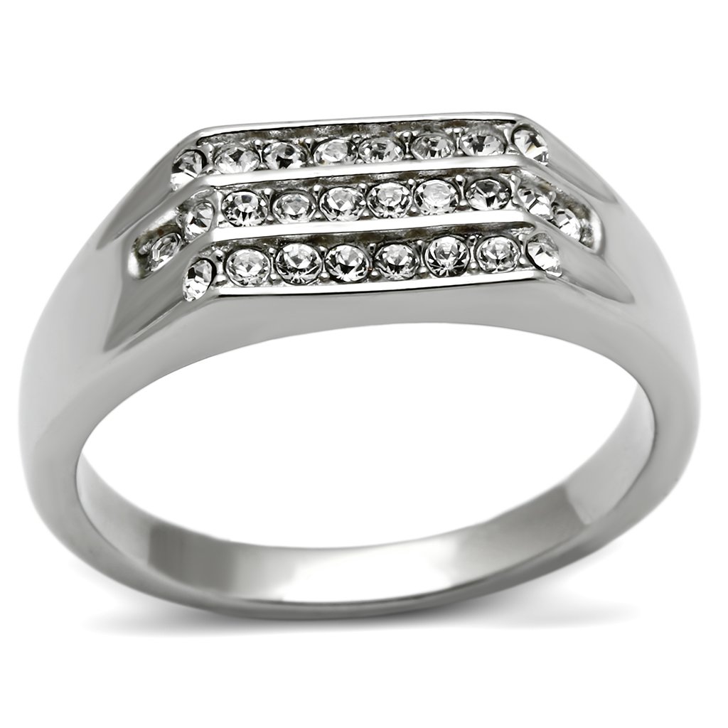 TK375 High Polished Stainless Steel Ring featuring a clear top grade crystal centerpiece, showcasing a brilliant shine.