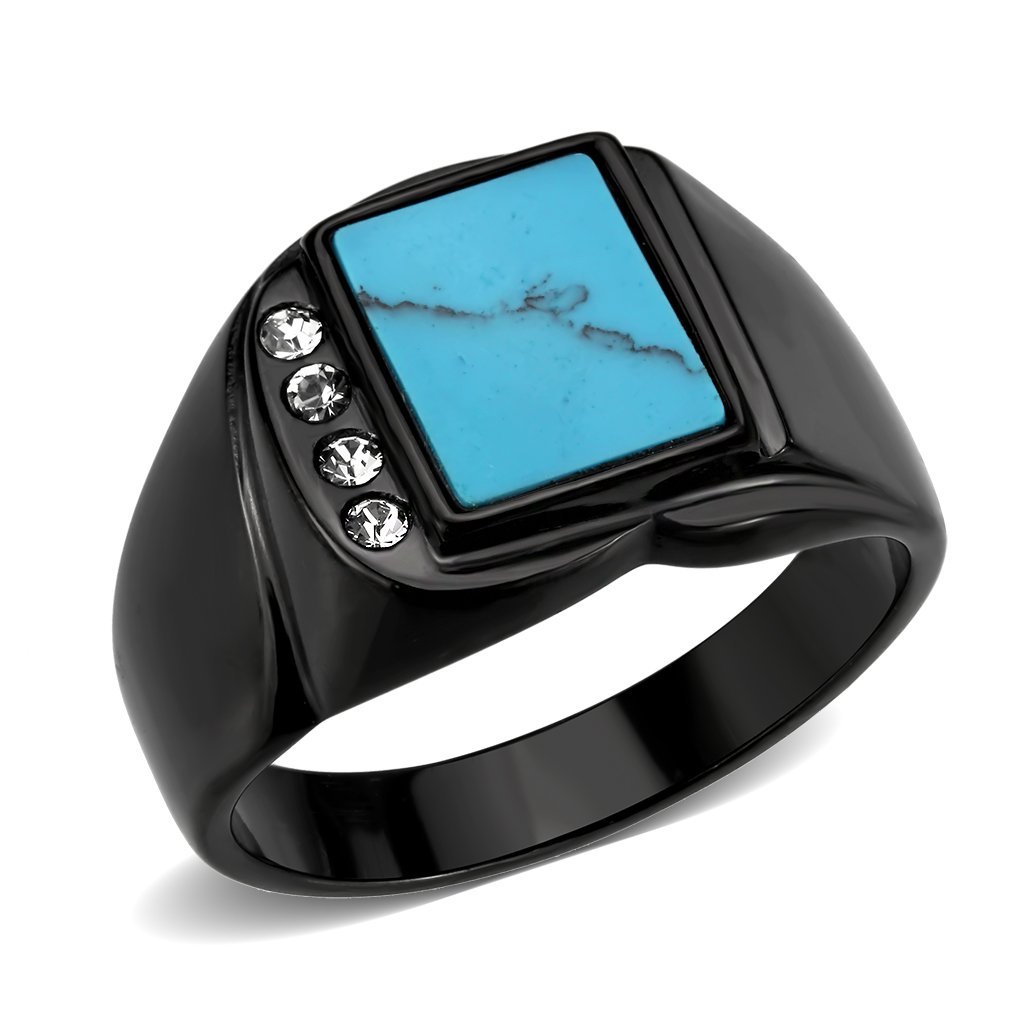 TK3755 IP Black Stainless Steel Ring featuring a vibrant Sea Blue synthetic stone, showcasing modern elegance and style.