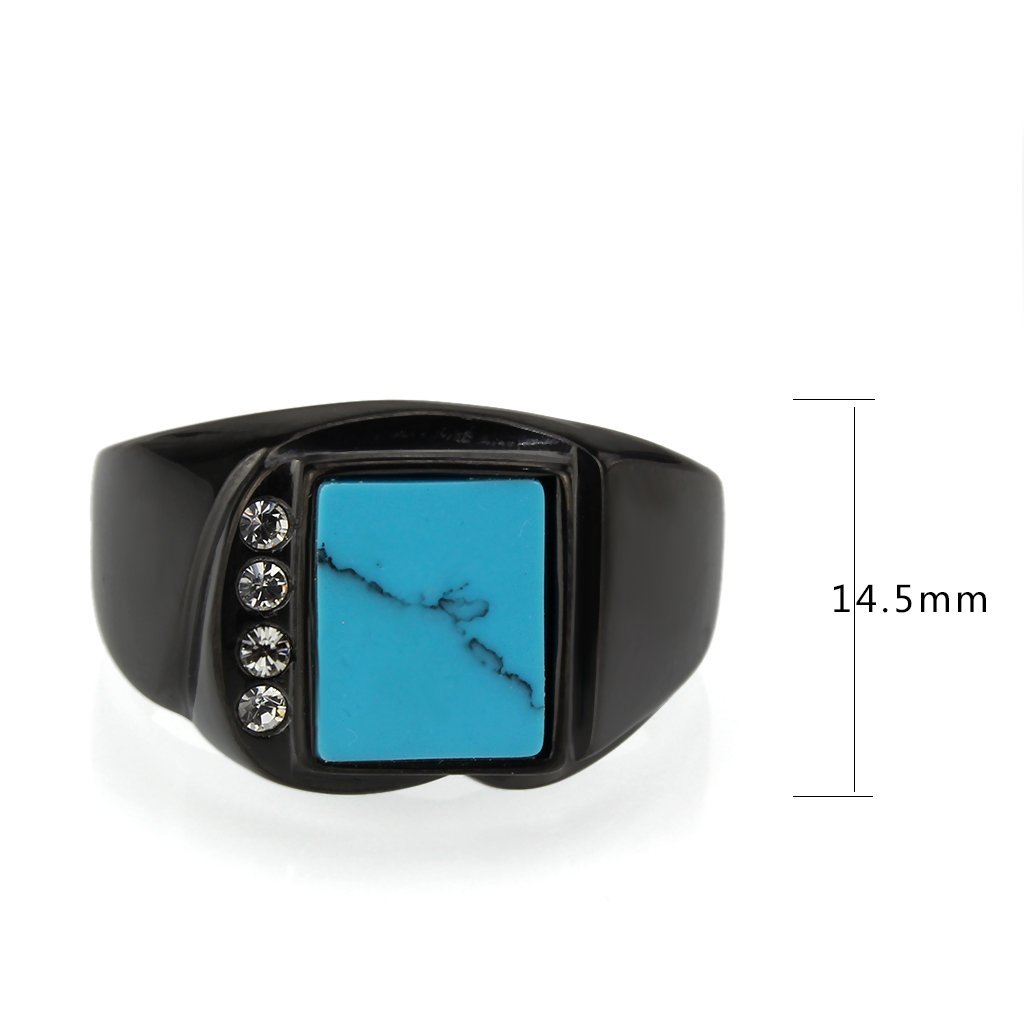 TK3755 IP Black Stainless Steel Ring featuring a vibrant Sea Blue synthetic stone, showcasing modern elegance and style.