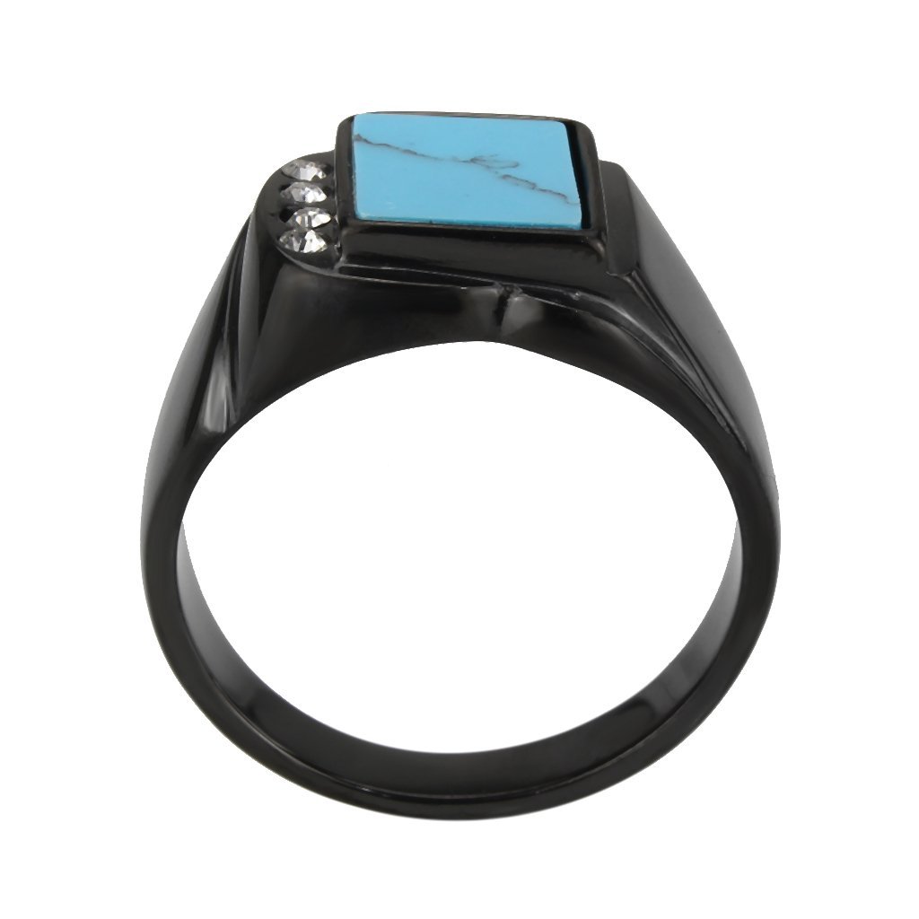 TK3755 IP Black Stainless Steel Ring featuring a vibrant Sea Blue synthetic stone, showcasing modern elegance and style.