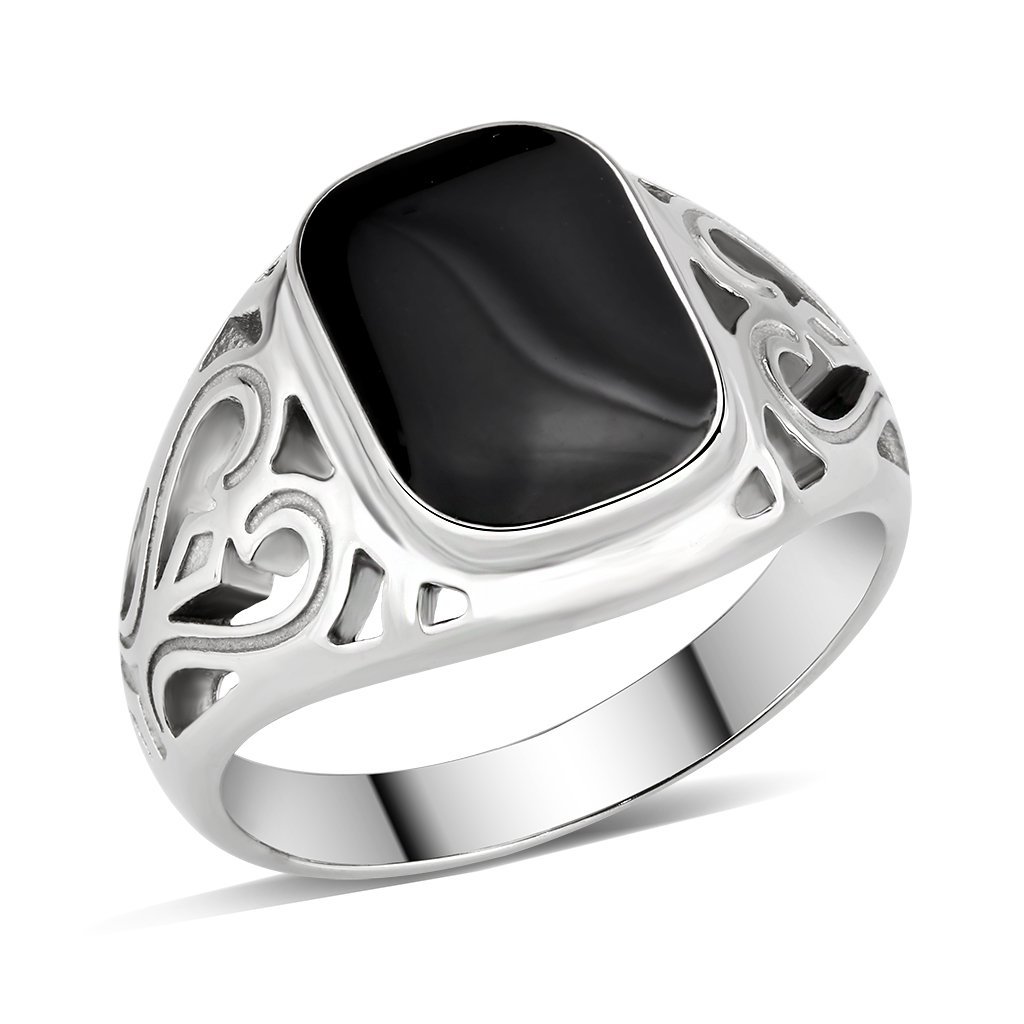 TK3753 High Polished Stainless Steel Ring featuring a Jet Epoxy center stone, showcasing a sleek and modern design.