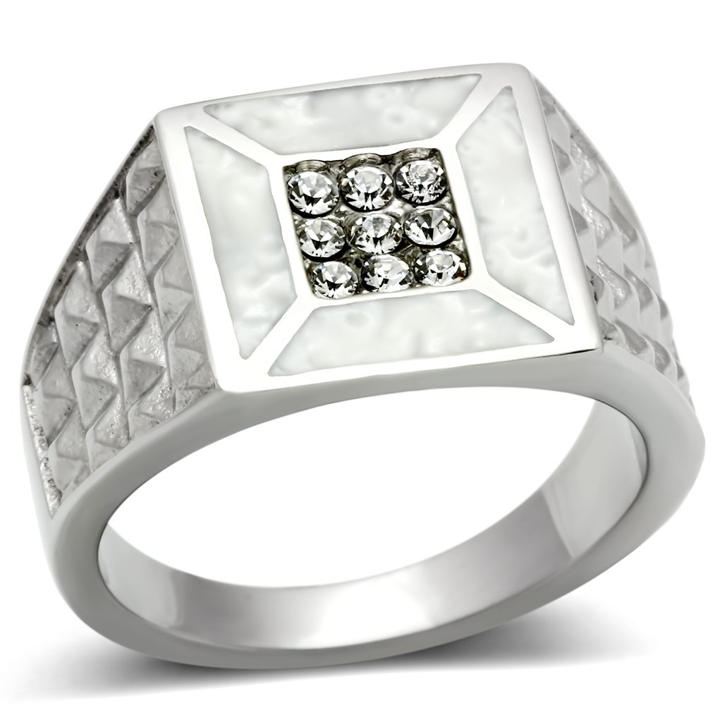 TK385 High Polished Stainless Steel Ring featuring a clear top grade crystal, showcasing its elegant design and shiny finish.