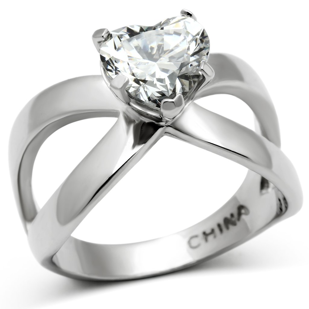 TK390 High Polished Stainless Steel Ring featuring a clear AAA Grade CZ center stone, showcasing its elegant design and shine.