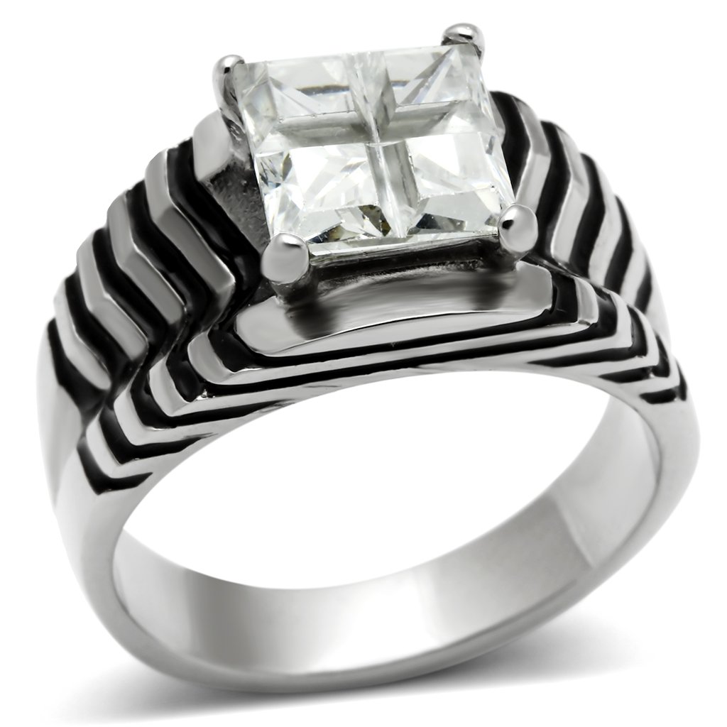 TK393 High Polished Stainless Steel Ring featuring a clear AAA Grade CZ center stone, showcasing its elegant design and shine.