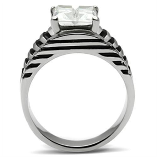 TK393 High Polished Stainless Steel Ring featuring a clear AAA Grade CZ center stone, showcasing its elegant design and shine.