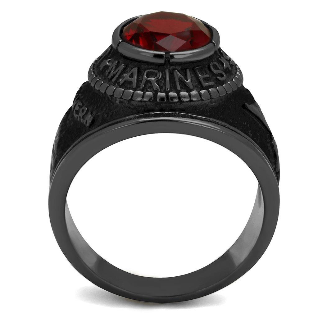 TK414703J IP Black Stainless Steel Ring featuring a synthetic glass center stone in Siam color, showcasing a modern and elegant design.