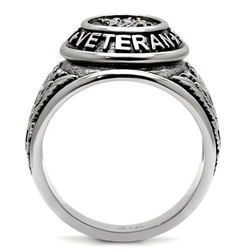 High polished stainless steel ring featuring a jet black epoxy center stone, showcasing a sleek and modern design.