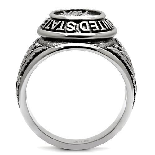 High polished stainless steel ring featuring a jet black epoxy center stone, showcasing a sleek and modern design.