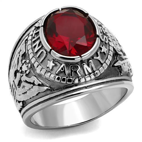 High-polished stainless steel ring featuring a vibrant Siam synthetic glass stone, showcasing elegance and durability.