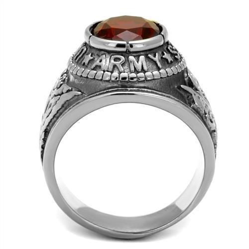 High-polished stainless steel ring featuring a vibrant Siam synthetic glass stone, showcasing elegance and durability.