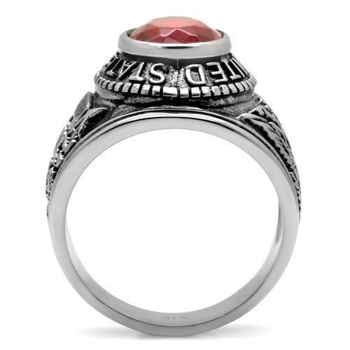 High-polished stainless steel ring featuring a vibrant Siam synthetic glass stone, showcasing elegance and durability.