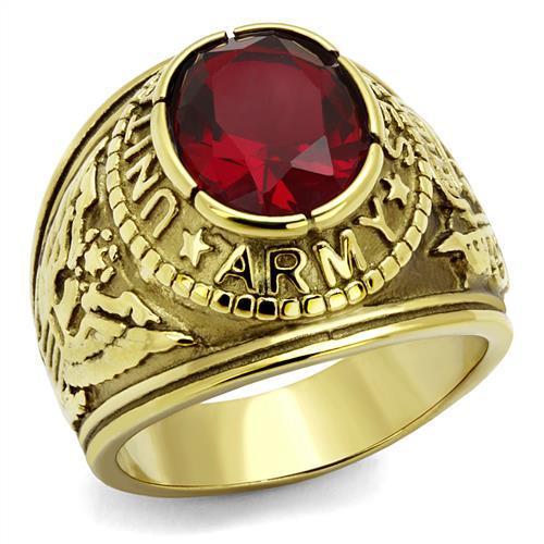 TK414706G IP Gold Stainless Steel Ring featuring a vibrant Siam synthetic glass center stone, elegantly designed for durability and style.