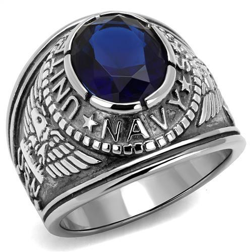 High polished stainless steel ring featuring a synthetic sapphire center stone, showcasing a sleek and elegant design.