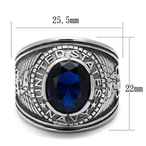 High polished stainless steel ring featuring a synthetic sapphire center stone, showcasing a sleek and elegant design.