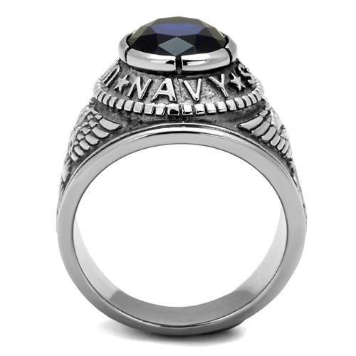 High polished stainless steel ring featuring a synthetic sapphire center stone, showcasing a sleek and elegant design.