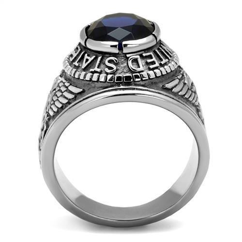 High polished stainless steel ring featuring a synthetic sapphire center stone, showcasing a sleek and elegant design.