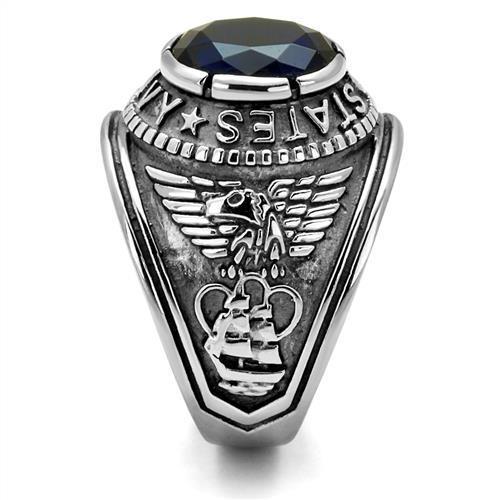 High polished stainless steel ring featuring a synthetic sapphire center stone, showcasing a sleek and elegant design.