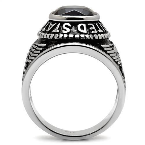 High polished stainless steel ring featuring a synthetic sapphire center stone, showcasing a sleek and elegant design.