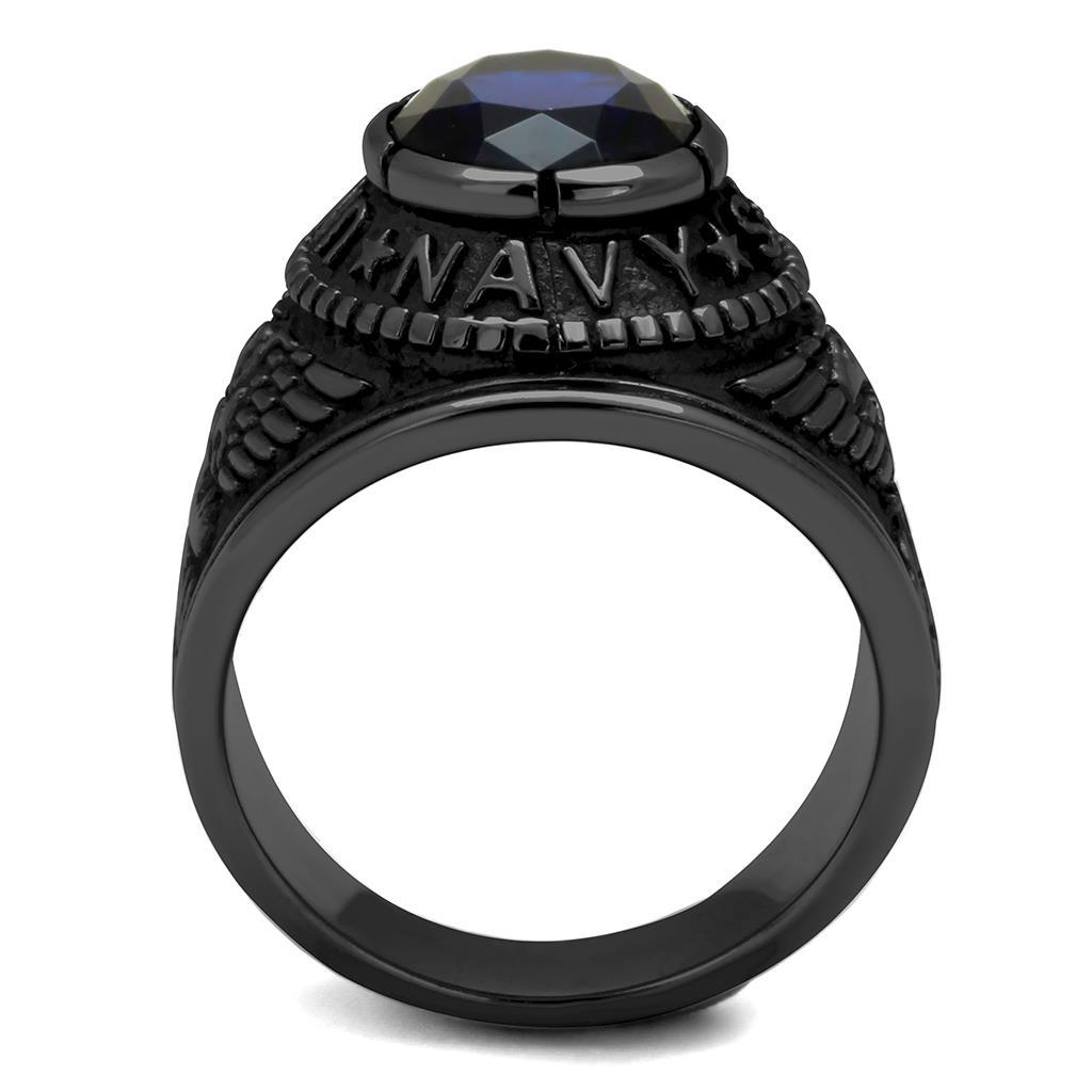 TK414707J IP Black Stainless Steel Ring featuring a synthetic sapphire stone, showcasing a sleek design and durable material.