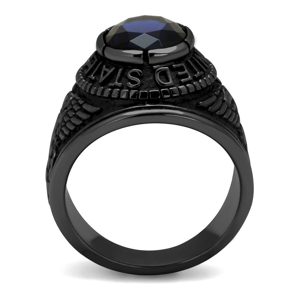 TK414707J IP Black Stainless Steel Ring featuring a synthetic sapphire stone, showcasing a sleek design and durable material.