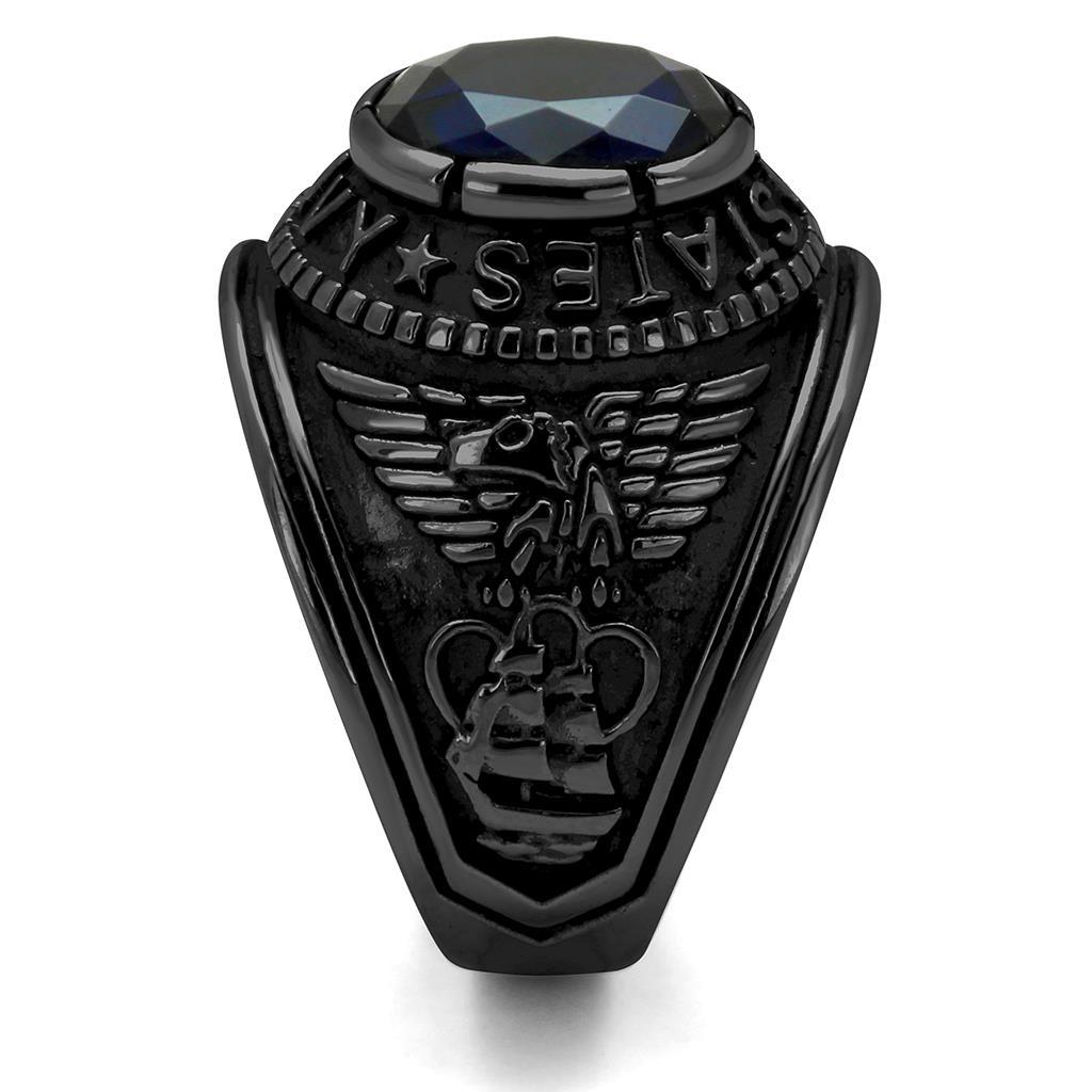 TK414707J IP Black Stainless Steel Ring featuring a synthetic sapphire stone, showcasing a sleek design and durable material.