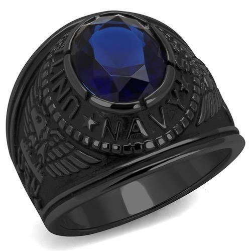 TK414707J IP Black Stainless Steel Ring featuring a synthetic sapphire stone, showcasing a sleek design and durable material.