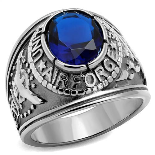 High polished stainless steel ring featuring a synthetic sapphire center stone, showcasing a sleek and elegant design.