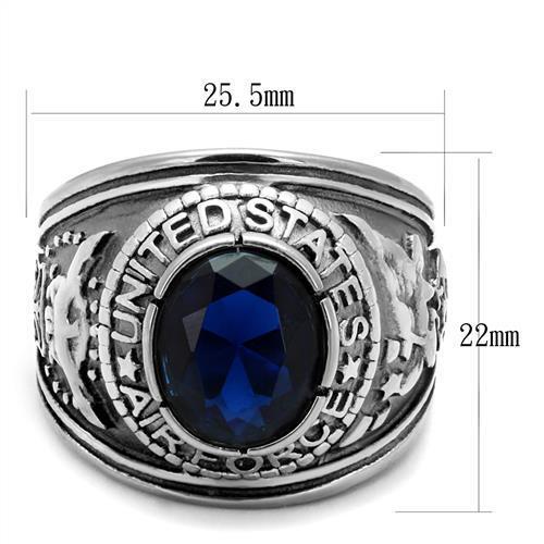 High polished stainless steel ring featuring a synthetic sapphire center stone, showcasing a sleek and elegant design.