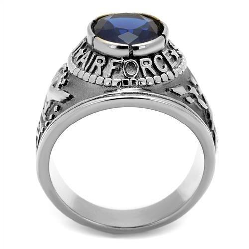 High polished stainless steel ring featuring a synthetic sapphire center stone, showcasing a sleek and elegant design.