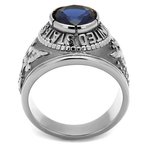 High polished stainless steel ring featuring a synthetic sapphire center stone, showcasing a sleek and elegant design.