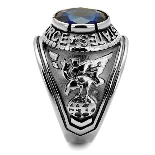 High polished stainless steel ring featuring a synthetic sapphire center stone, showcasing a sleek and elegant design.