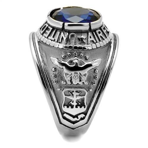 High polished stainless steel ring featuring a synthetic sapphire center stone, showcasing a sleek and elegant design.