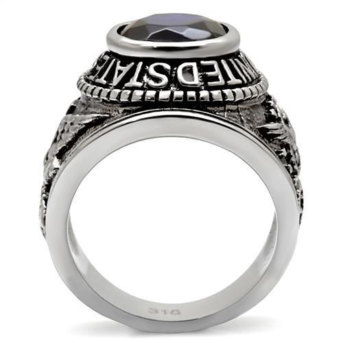 High polished stainless steel ring featuring a synthetic sapphire center stone, showcasing a sleek and elegant design.