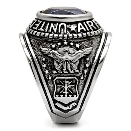 High polished stainless steel ring featuring a synthetic sapphire center stone, showcasing a sleek and elegant design.