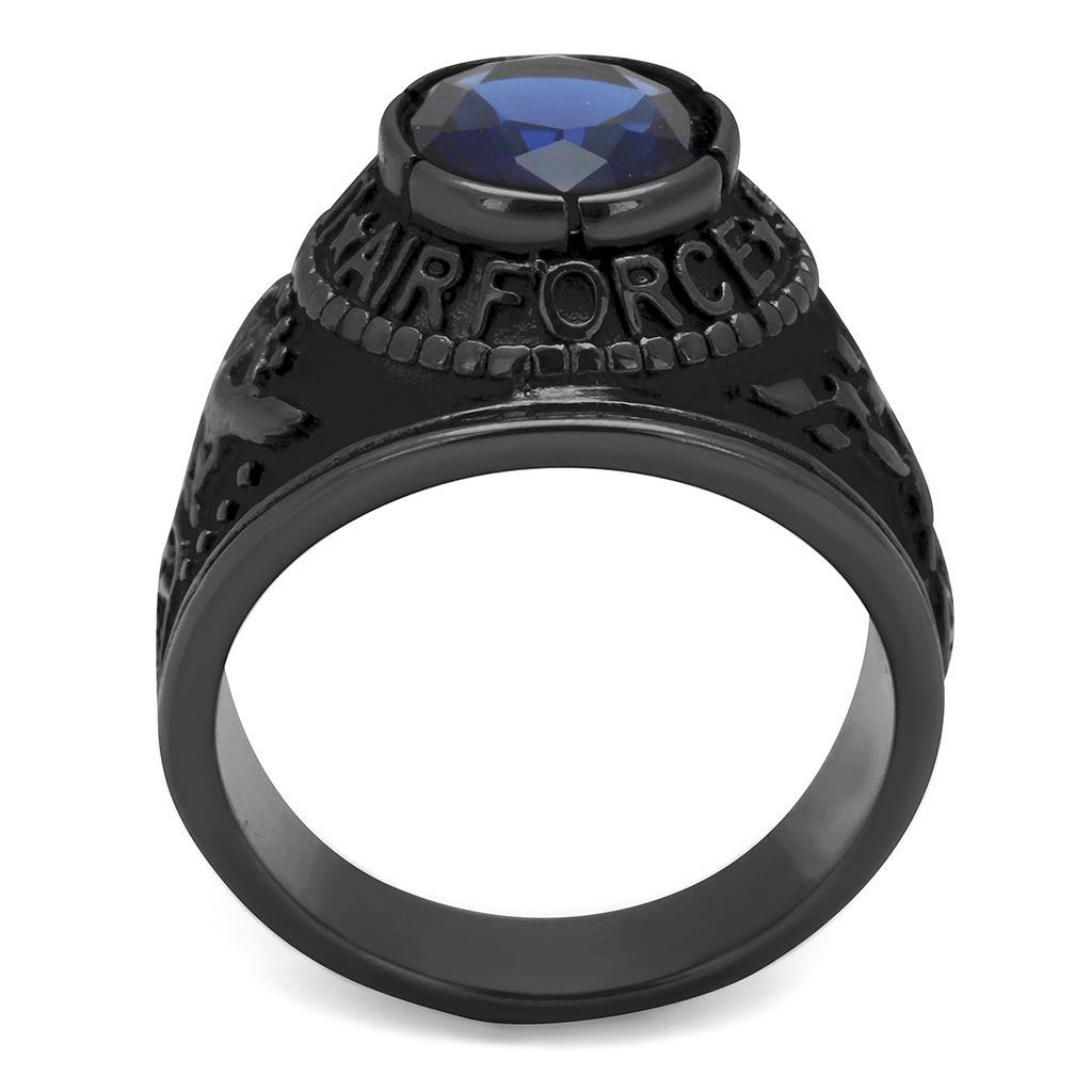 TK414708J IP Black Stainless Steel Ring featuring a synthetic sapphire stone, showcasing a modern design with a sleek finish.