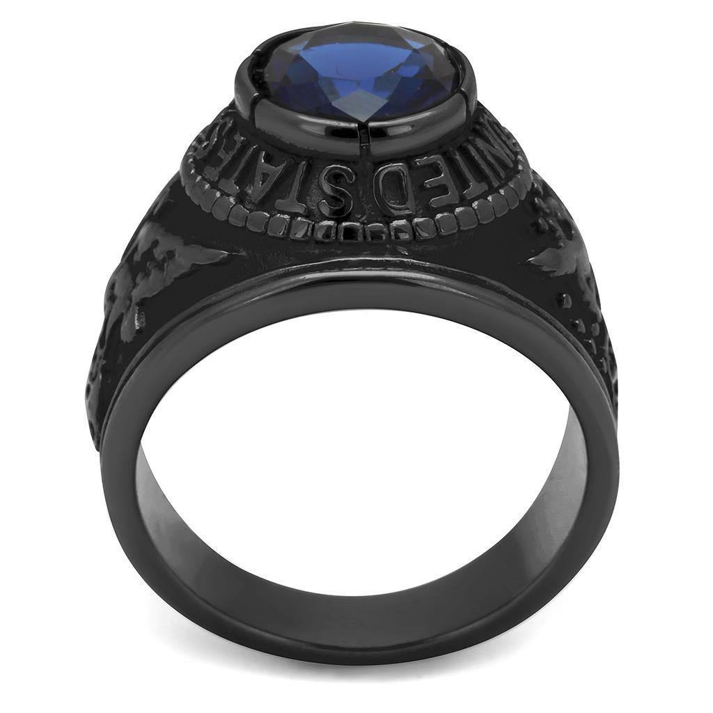 TK414708J IP Black Stainless Steel Ring featuring a synthetic sapphire stone, showcasing a modern design with a sleek finish.