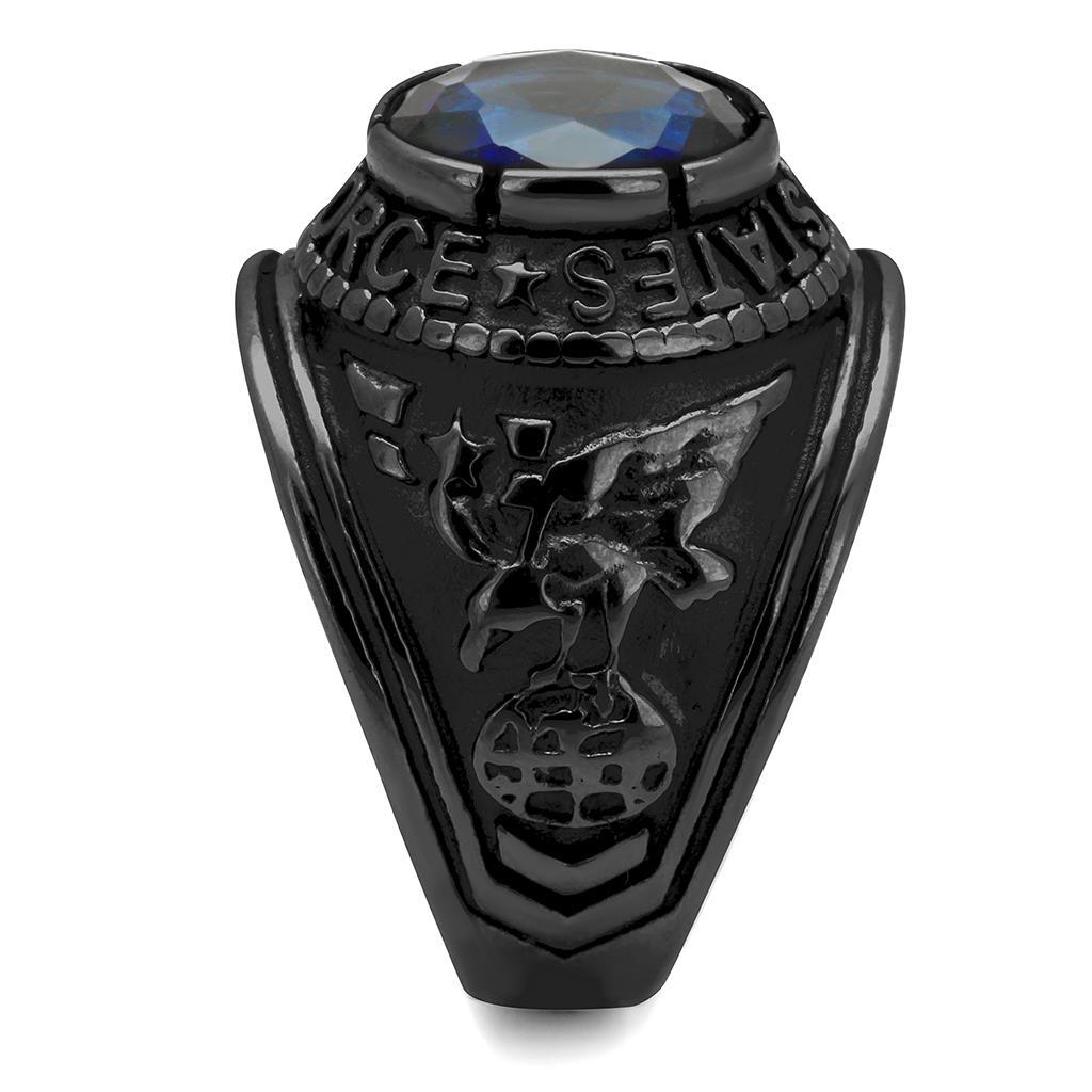 TK414708J IP Black Stainless Steel Ring featuring a synthetic sapphire stone, showcasing a modern design with a sleek finish.