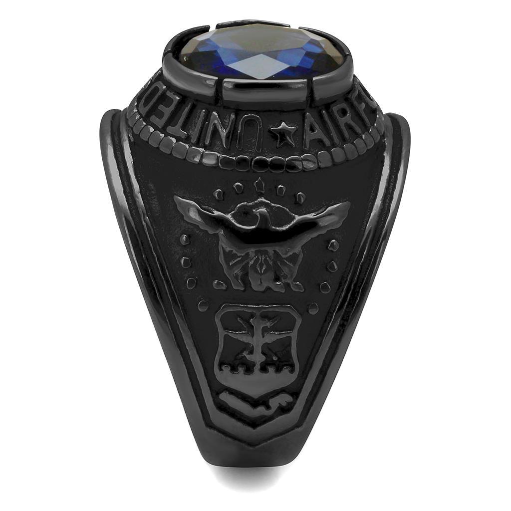 TK414708J IP Black Stainless Steel Ring featuring a synthetic sapphire stone, showcasing a modern design with a sleek finish.