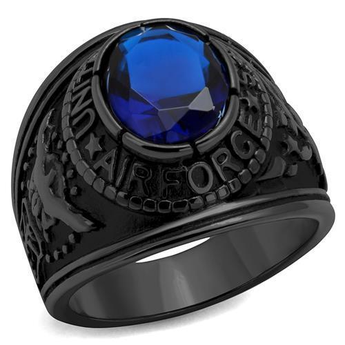 TK414708J IP Black Stainless Steel Ring featuring a synthetic sapphire stone, showcasing a modern design with a sleek finish.