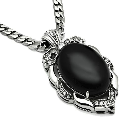 TK459 High Polished Stainless Steel Chain Pendant featuring a jet black Onyx stone, showcasing its elegant design and high-quality finish.