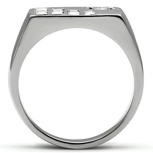 TK481 High Polished Stainless Steel Ring featuring a clear AAA Grade CZ center stone, showcasing its elegant design and shine.