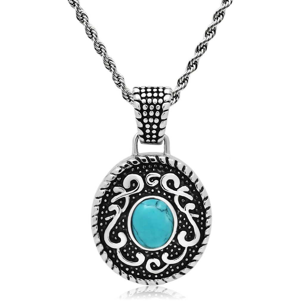 TK550 High Polished Stainless Steel Necklace featuring a vibrant synthetic turquoise center stone in sea blue color.