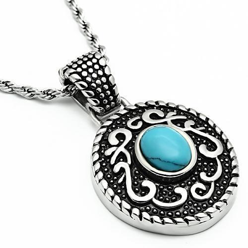 TK550 High Polished Stainless Steel Necklace featuring a vibrant synthetic turquoise center stone in sea blue color.