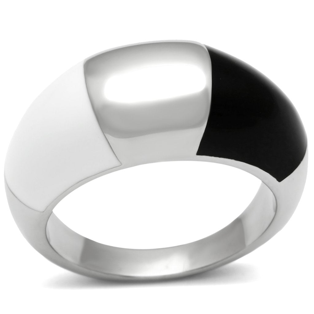 TK515 High Polished Stainless Steel Ring featuring a vibrant multi-color epoxy center stone, showcasing its elegant design and shiny finish.