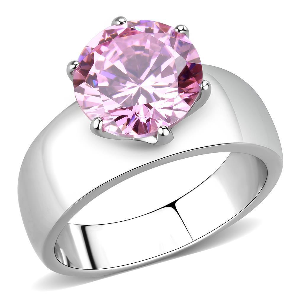 TK52010 High Polished Stainless Steel Ring featuring a rose-colored AAA Grade CZ stone, showcasing its elegant design and shine.