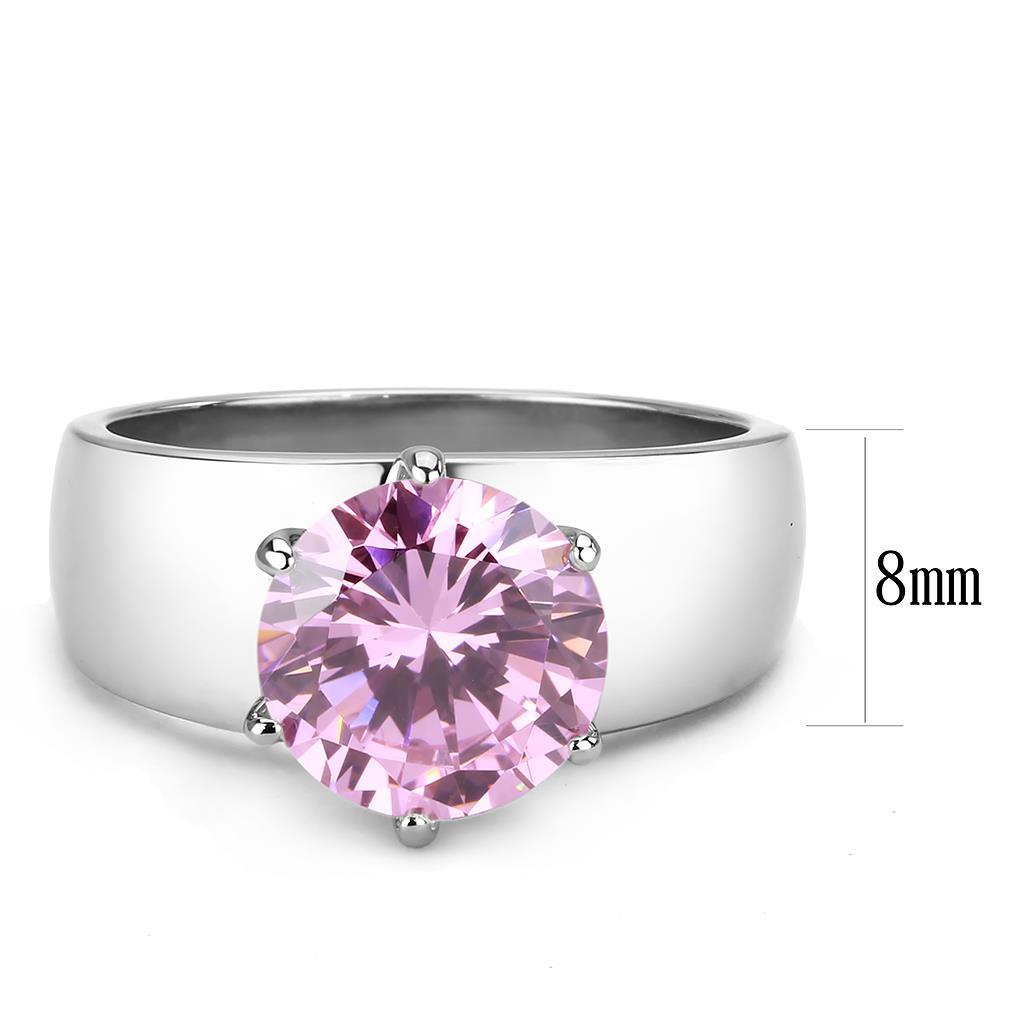 TK52010 High Polished Stainless Steel Ring featuring a rose-colored AAA Grade CZ stone, showcasing its elegant design and shine.