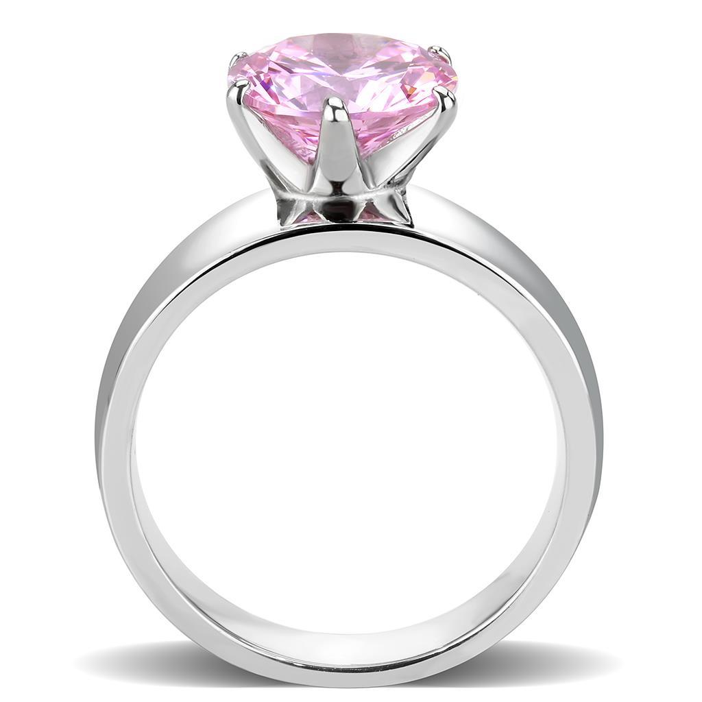 TK52010 High Polished Stainless Steel Ring featuring a rose-colored AAA Grade CZ stone, showcasing its elegant design and shine.