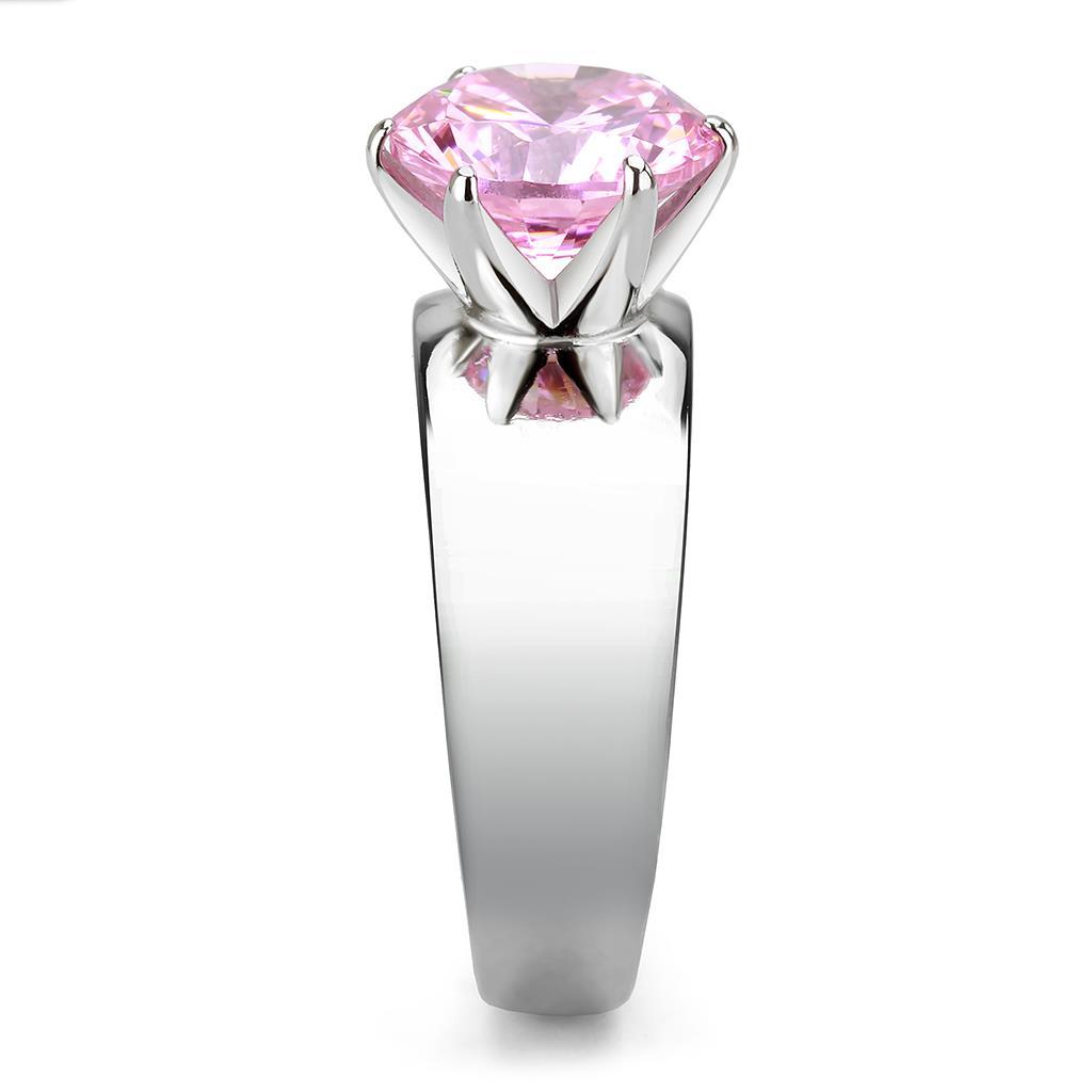 TK52010 High Polished Stainless Steel Ring featuring a rose-colored AAA Grade CZ stone, showcasing its elegant design and shine.