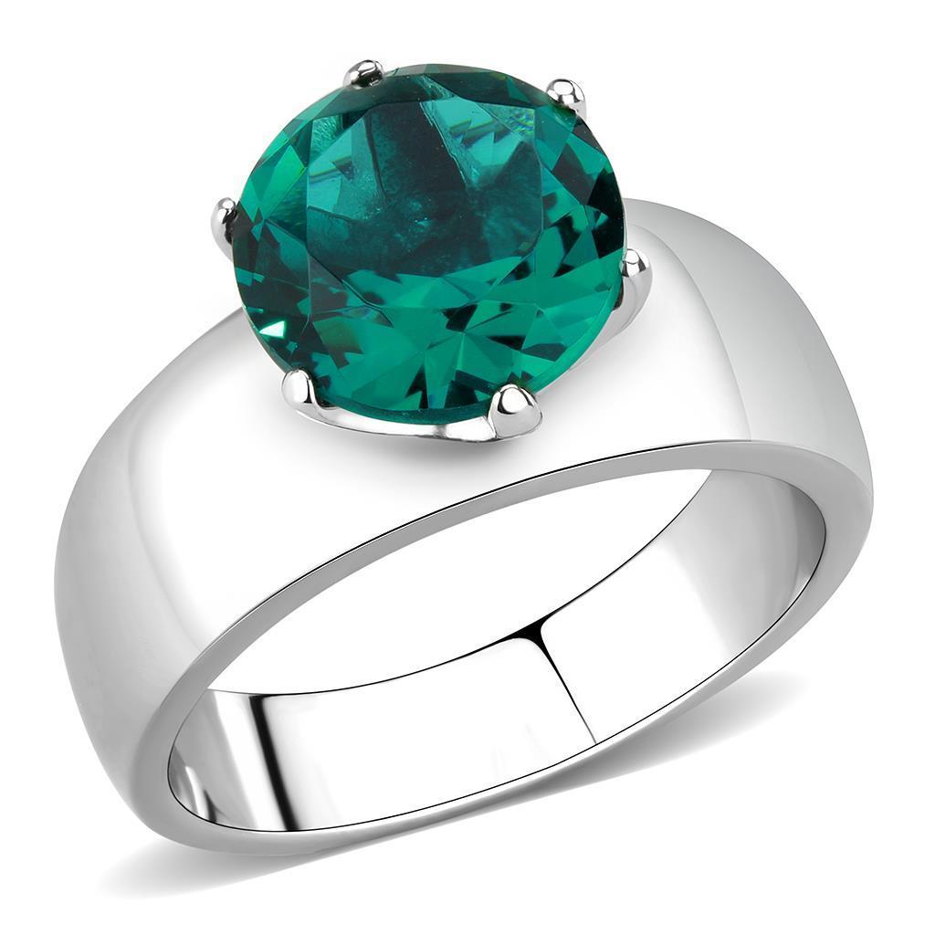 TK52012 High Polished Stainless Steel Ring featuring a synthetic blue zircon stone, showcasing a sleek and shiny design.