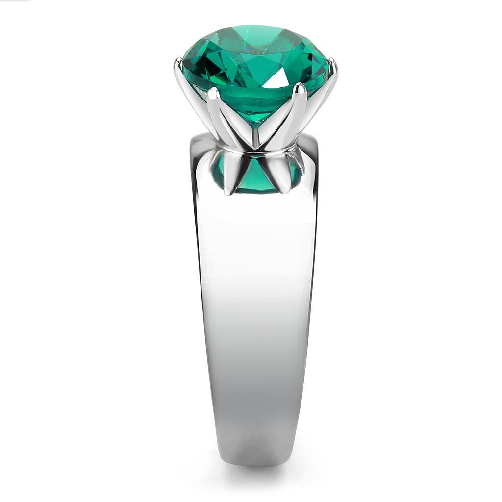 TK52012 High Polished Stainless Steel Ring featuring a synthetic blue zircon stone, showcasing a sleek and shiny design.